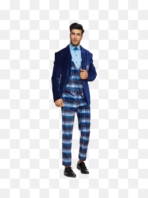 Velvet Coat With Check Waist Coat And Pant | Kc Mn