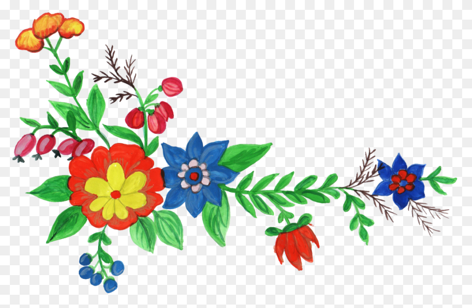 Watercolor Flowers With Leaves Vect