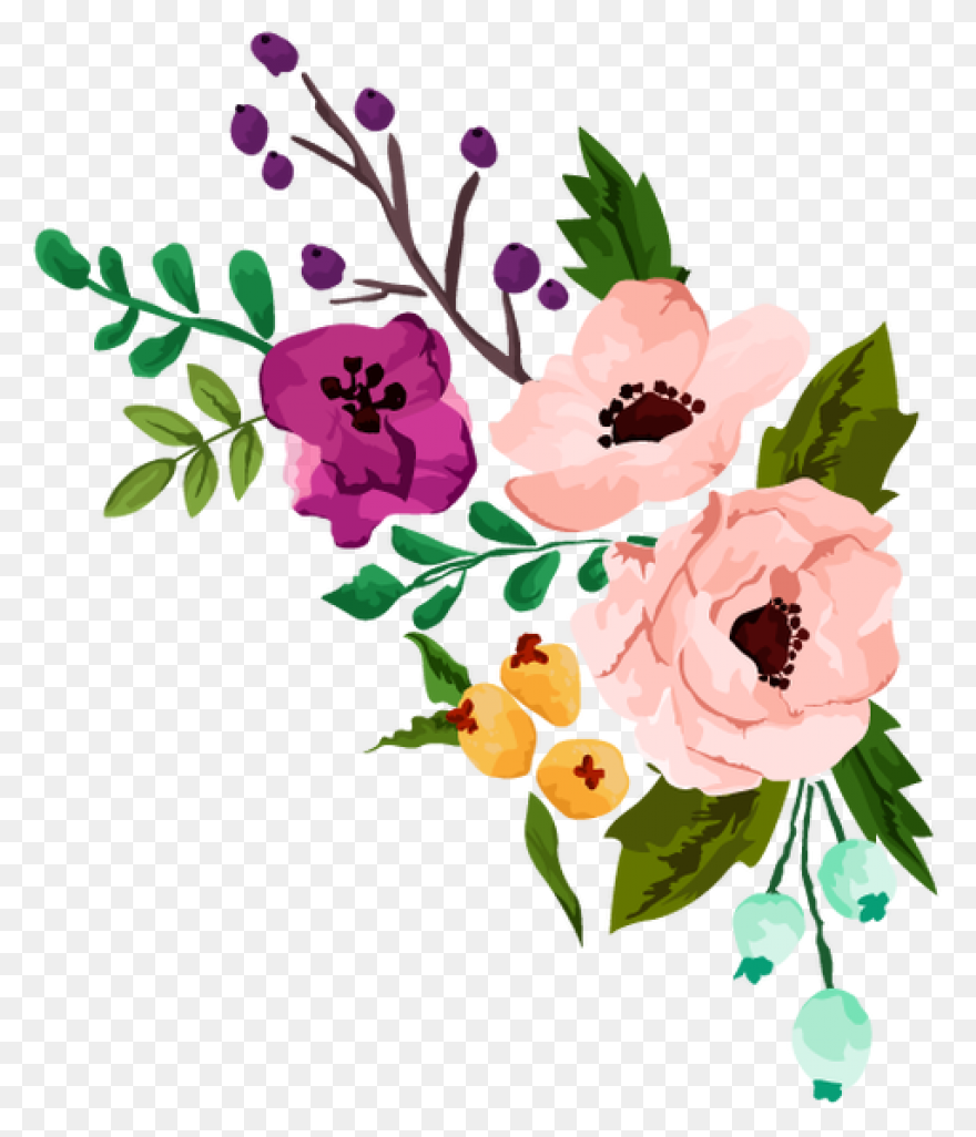 Watercolor Flowers With Leaves Vect