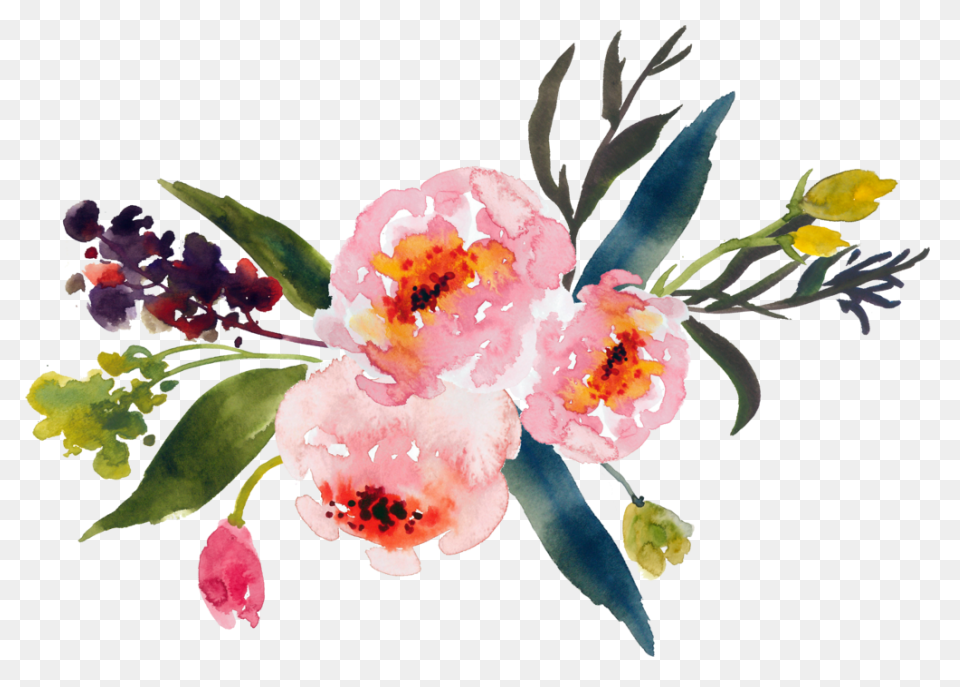 Watercolor Flowers With Leaves Vect